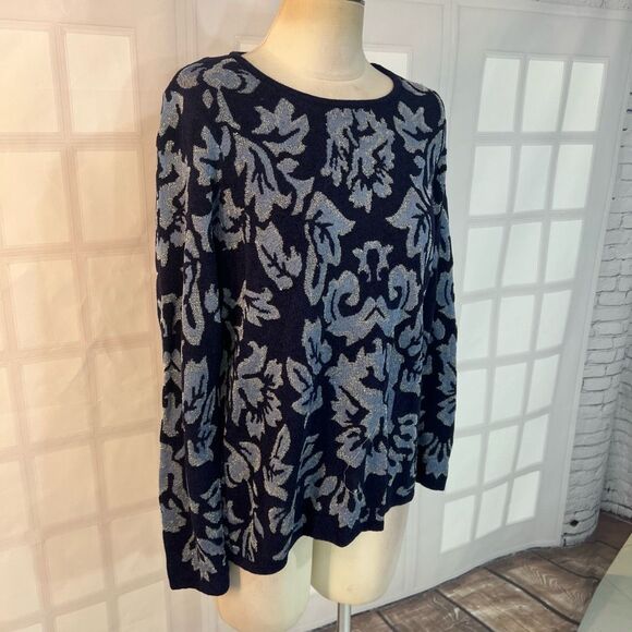 Chico's Blue Metallic Floral Knit Crew Neck Sweater Top Size 2 or Large - Picture 2 of 11